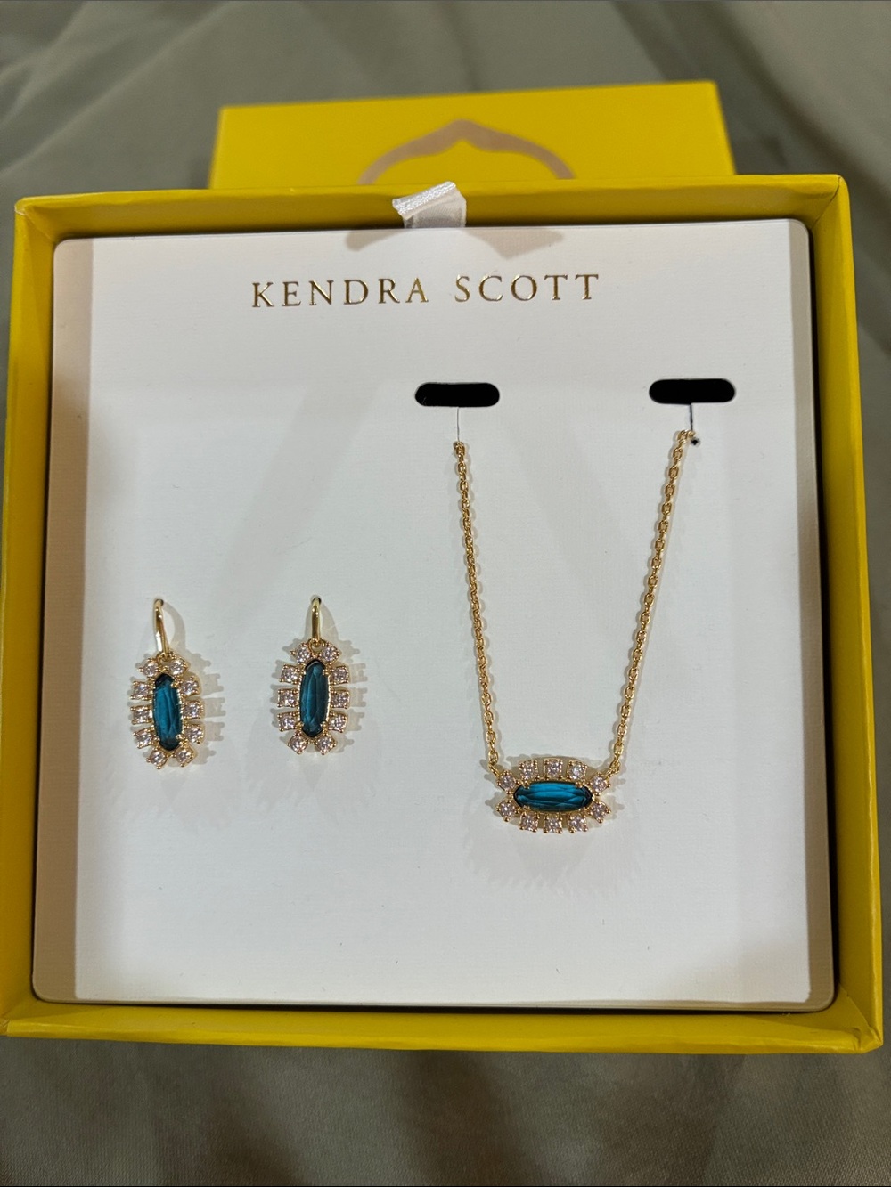 Kendra Scott  Emma Framed Necklace & Drop Earrings Set Dark Blue Stone NWT